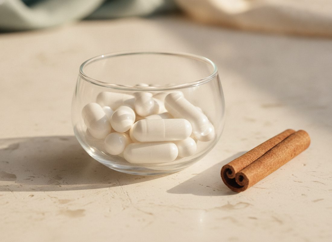 Capsules in a glass dish beside cinnamon bark